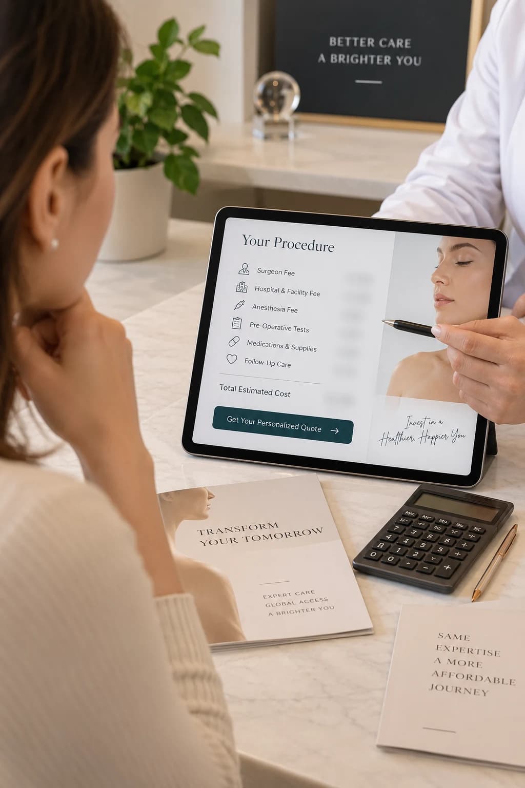 A patient going through a cost breakdown on a tablet with a consultant.