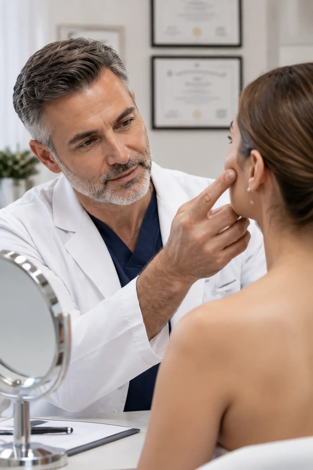 A surgeon examining a patient's nose during a consultation.