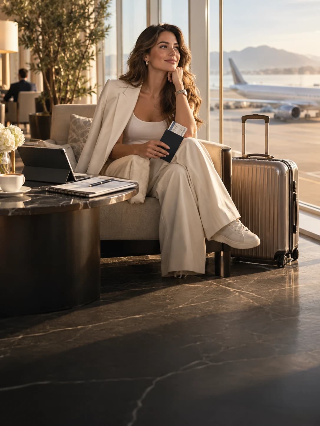 A traveller waiting in an airport lounge beside a suitcase.